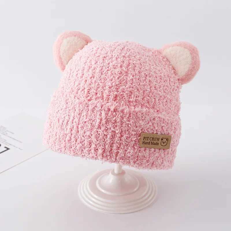 Winter Korean chiffon baby plush hat suitable for boys and girls knitted warm earmuffs autumn and winter childrens wool hat W241213
