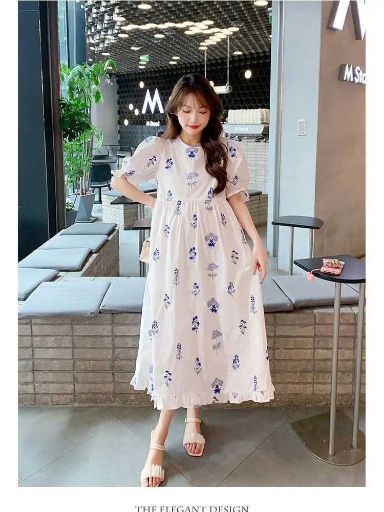 Summer Long Loose Materni Cotton Dress Puff Sleeve O-Neck Ruffles Patchwork Pregnant Woman Floral Dress Pregnancy Par DressXJ241213