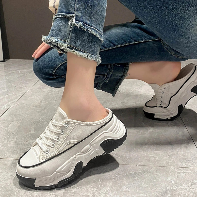 Ladies Slippers Summer Baotou Half Womans Versatile Casual Lace Up Canvas Sports Platform Shoes Outside 241214