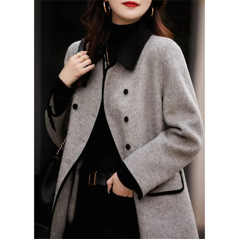 High Quality Woolen Coat Female Autumn Winter Fashion Korean Slim Casual Versatile Style Contrast Color Wool Overcoat Women 241214