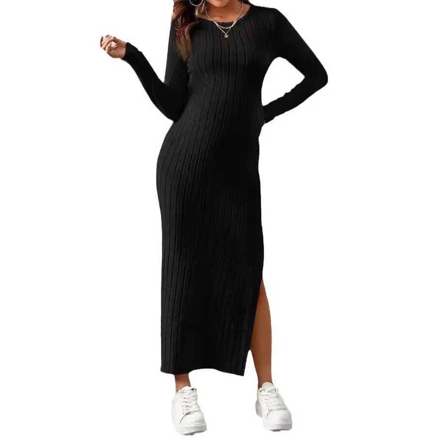Womens Dresses Pregnancy Dresses Materni Clothes Long Sleeve Materni Dress Photoshoot Large Slit Rib Knit Clothing WomenXJ241213