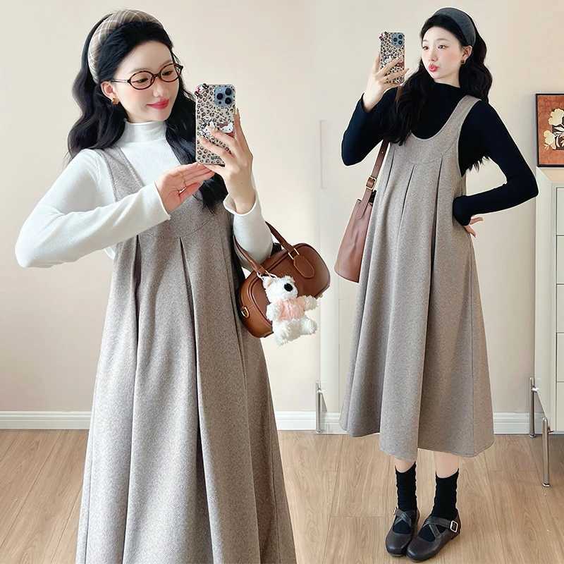 Korean Sle Autumn Materni Strap Dress Solid Color Long Loose Pregnant Woman Pleated Dress Sweet Pregnancy Woolen Dress CuteXJ241213
