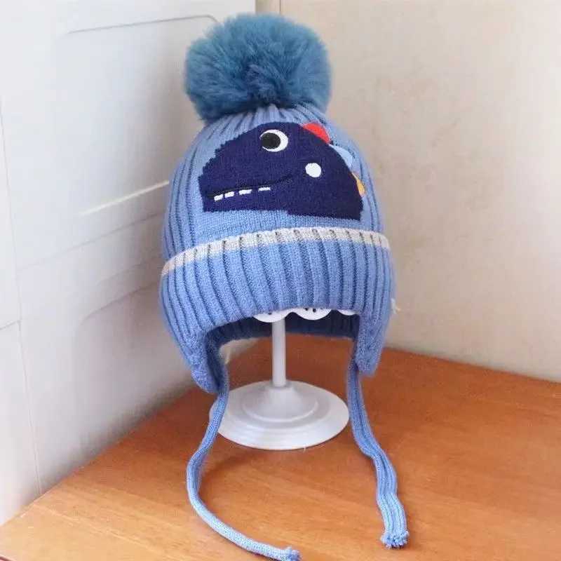 Winter Childrens Thick Knitted Hat Boys and Girls Cotton Hot Hat Dinosaur Children Ear Protection Bean Hat W241213