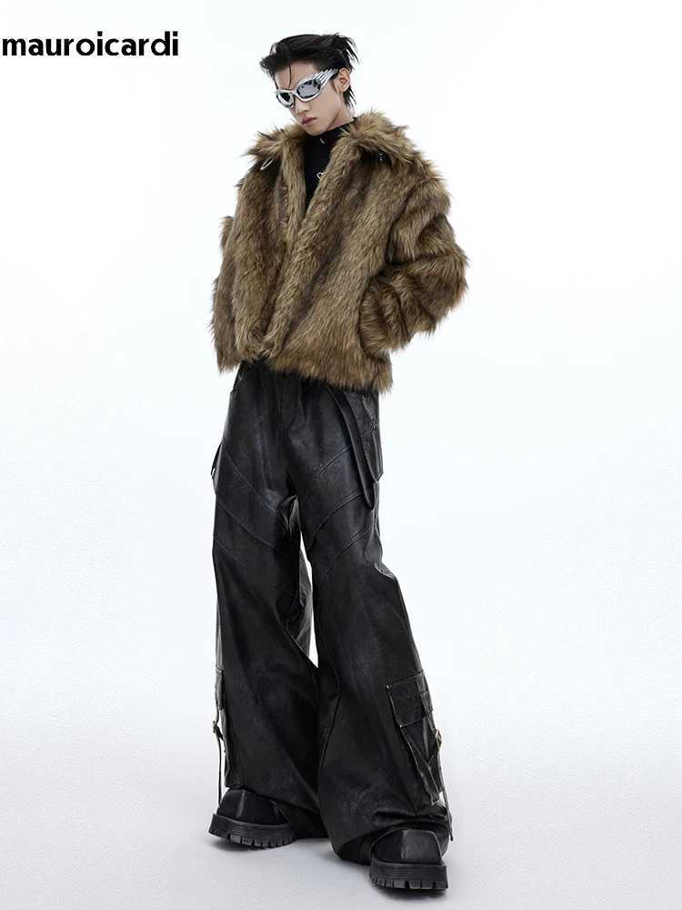 Mauroicardi winter short thick warm brown fur soft faux fur coat for men with a long sleeved fluffy jacket with a collar W241213