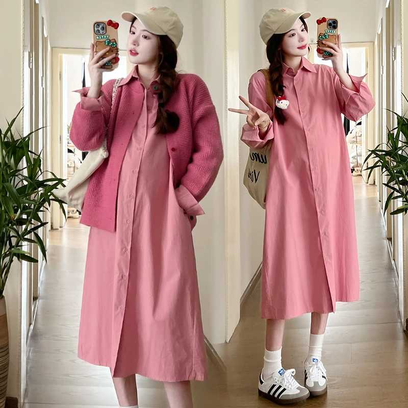 Korean Sle Pregnant Woman Long Sleeve Turn-down Collar Single-breasted Shirts Dress Materni Clothes Pregnancy Cotton DressesXJ241213