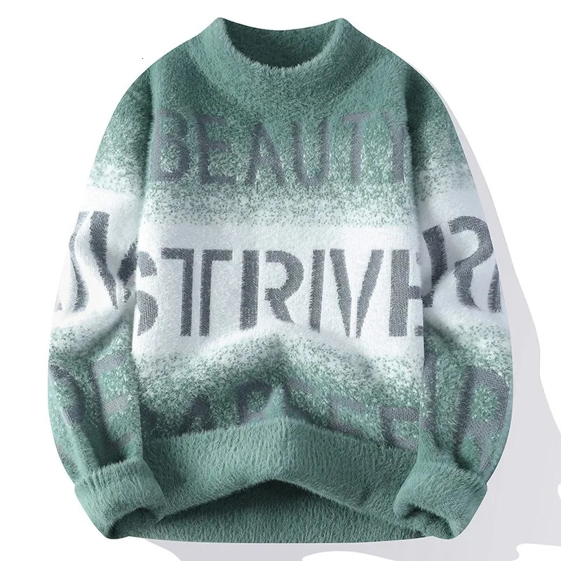 Gradient Color Blocked Letter Printed Sweater American Trend Mens Tops Classic Autumn Knitted Pullover Fashionable Slim Fit 241213