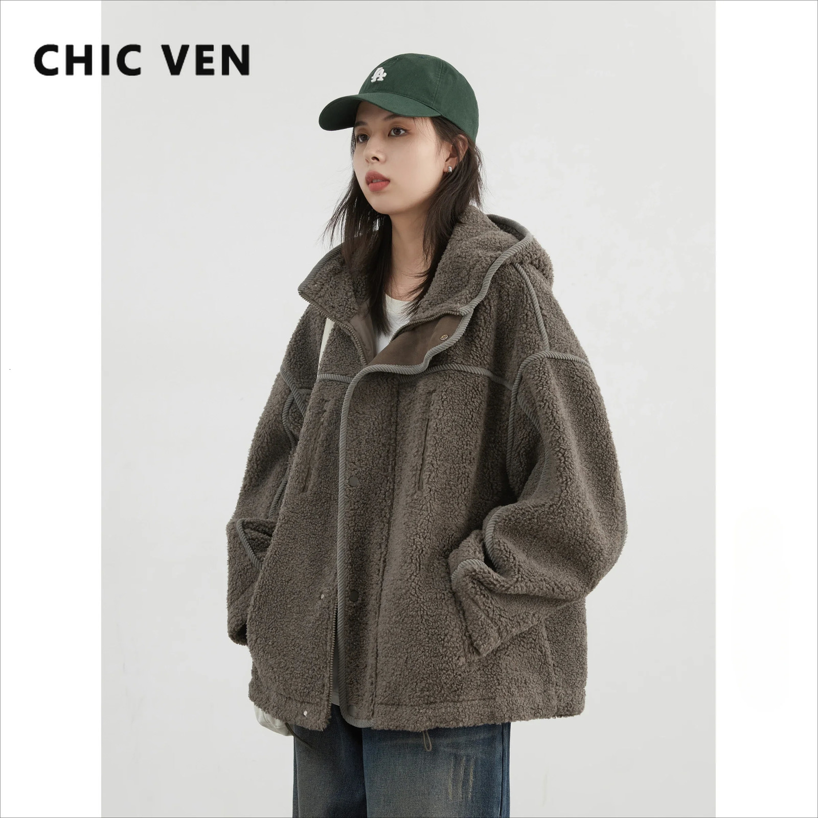 CHIC VEN Womens Solid Loose UK Hooded Stand Collar Womens Jacket Warm Womens Plush Coat Autumn 241210