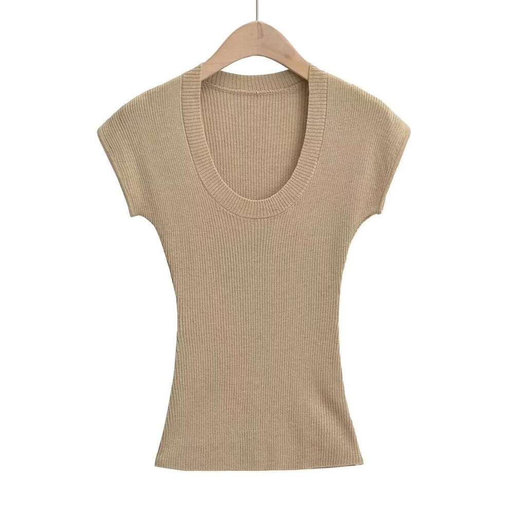 American INS summer U-neck solid color thin short sleeved top, women's stretch slim fit and slimming knit T-shirt, 2024 new casual fashion trend 