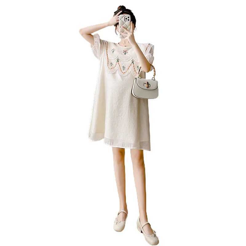 2024 Korean Sle Floral Embroidery Peter Pan Collar Materni Dress Loose Fashion Pregnant Women A-Line Dress Pregnancy ClothesXJ241213
