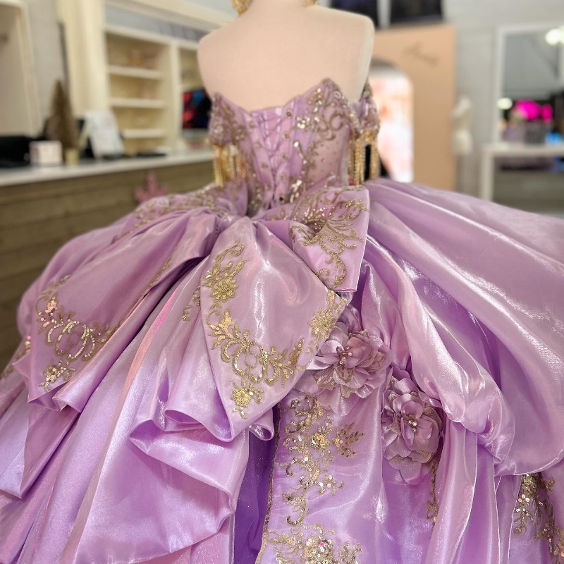 Lavender Off The Shoulder Gold Applique Lace Beads Ball Gown Quinceanera Dresses Corset Vestidos De 15 Anos Sweet 16 Dress
