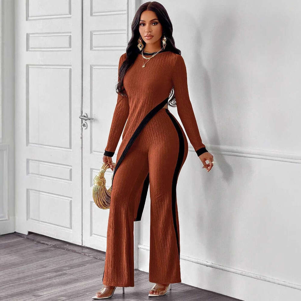 European and American 2024 autumn new women's fashion sleeved contrasting split T-shirt+spliced long pants for women