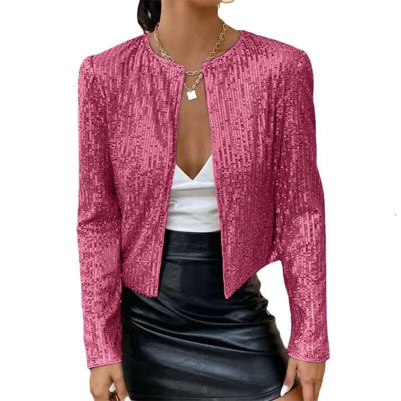 Cross Border Spring New European And American Women's Fashion Stand Up Collar Color Blocked Glitter Short Casual Versatile Small Coat