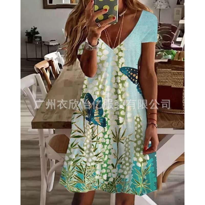 European and American women's urban digital printed dress 2024 new casual versatile fashion clothing