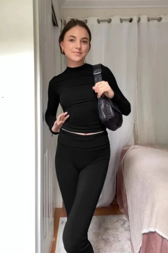 Womens Sexy Girl Suits 2025 Spring Summer Round Neck Long Sleeves TShirt High Waisted Pants Vintage TwoPiece Set 241203