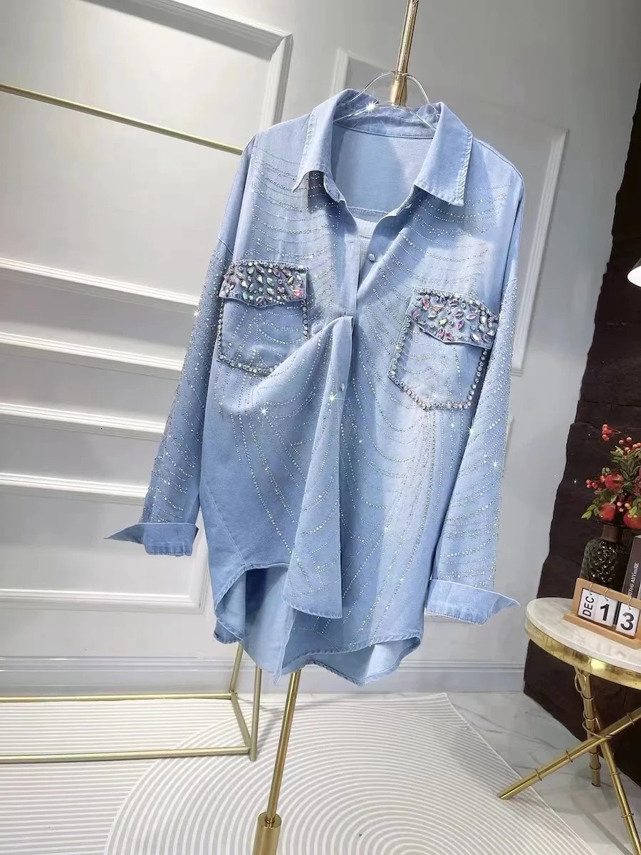 Trends for Autumn 2024 Fashion Diamond Denim Jacket Womens Loose Casual Jeans Clothing 241211