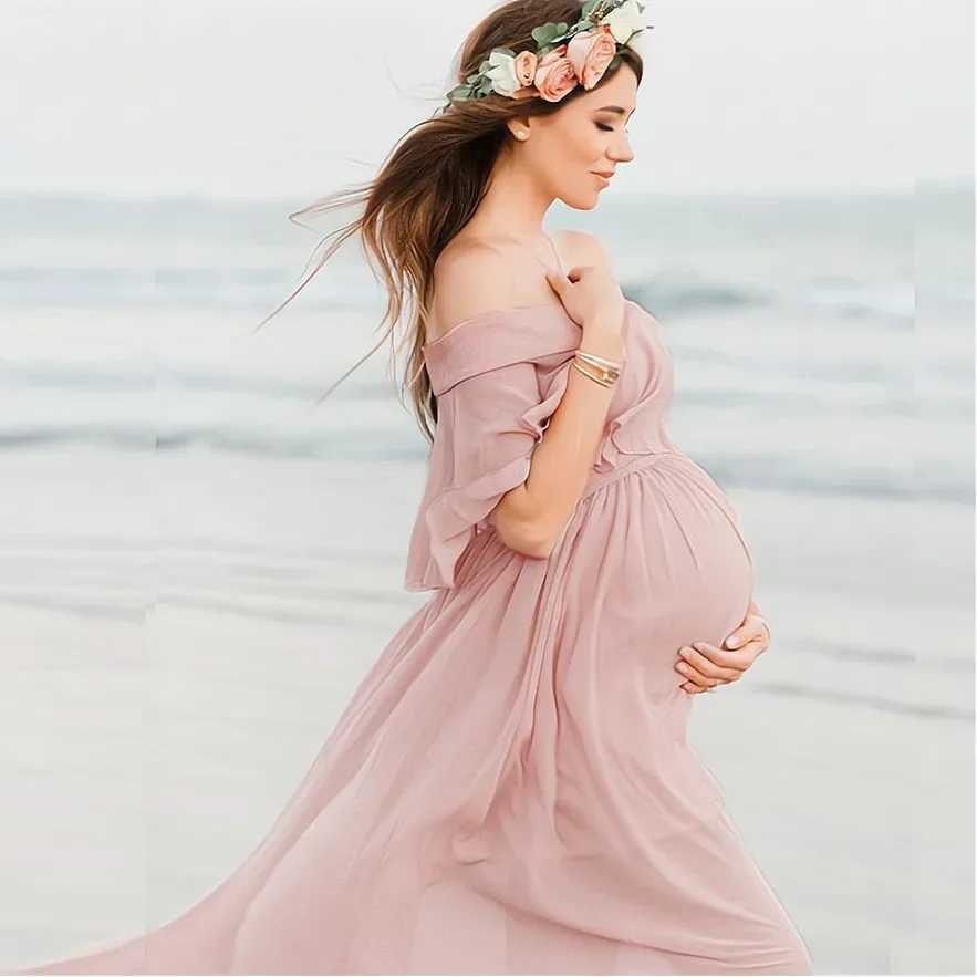 New Pink Ruffles Materni Dresses For Photo Shoot Bohemian Chiffon Pregnant Women Photography Props Maxi Dress Premama ClothesXJ241213
