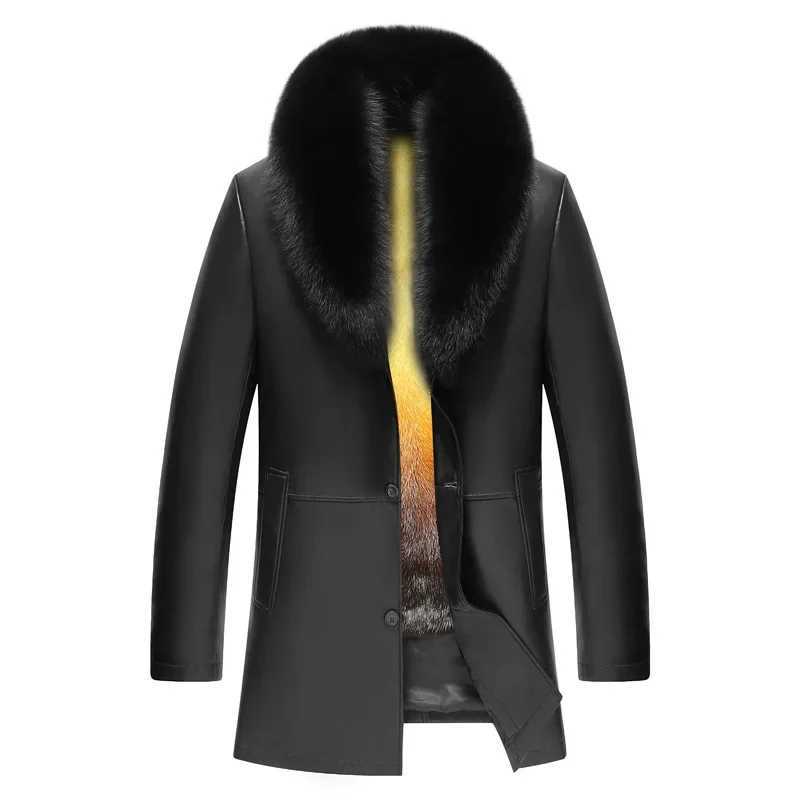 Medium length real leather jacket real mink lined coat winter mens clothing casual silver fox fur collar coat vest W241213