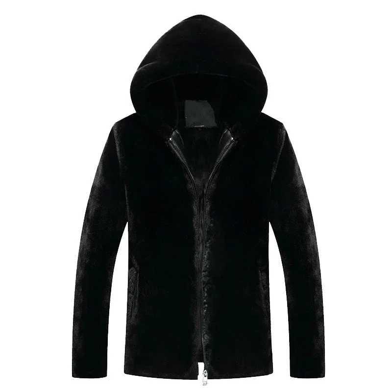 Mens winter faux fur coat black hooded faux fur leather jacket thin and warm fluffy windproof jacket mens zipper top mens jacket W241213