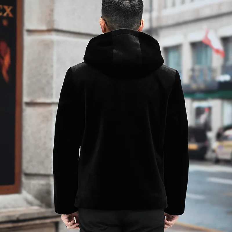 Mens faux fur coat faux mink long sleeved zipper hooded jacket oversized PU fluffy warm winter coat 4xl 5xl 6xl W241213