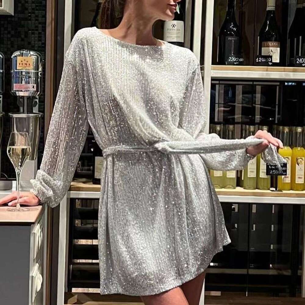 New European And American Holiday Party Fashion Sequin Bead Color Waist Cinching Small Dress