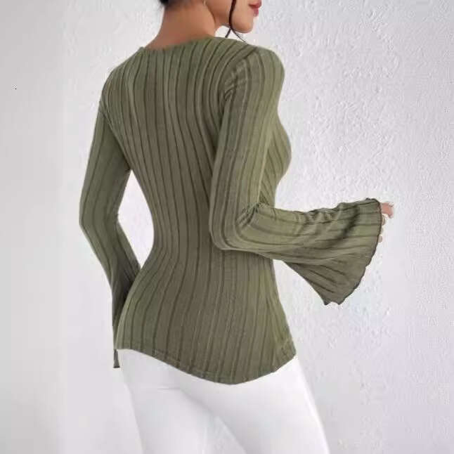 2024 Summer New Cross Deep V-neck Trumpet Base T-shirt for Women