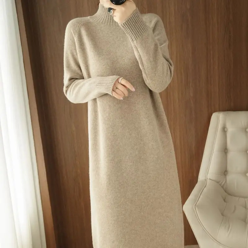 Wool Dress 2024 AutumnWinter Long Sleeve Casual Cashmere Half Collar Sweater Thick Bottom Skirt LJ615 241212
