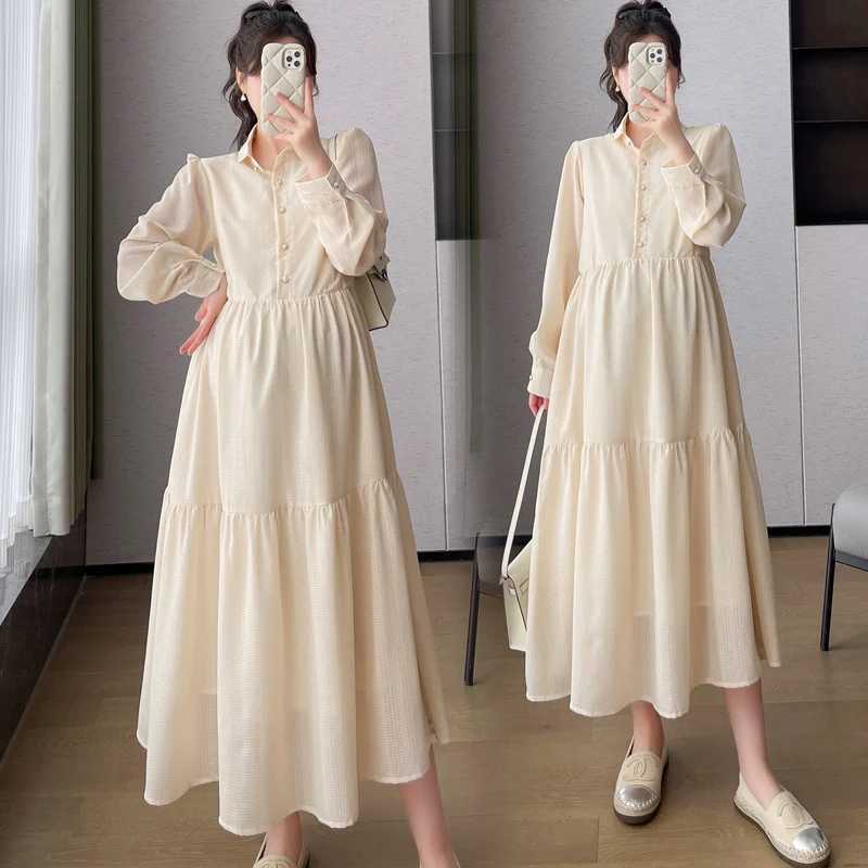 2024 Autumn Materni Brief Dress Solid Color Long Sleeve Turn-down Collar Plus Size Pregnant Woman Elegant Chiffon Dress BeigeXJ241213