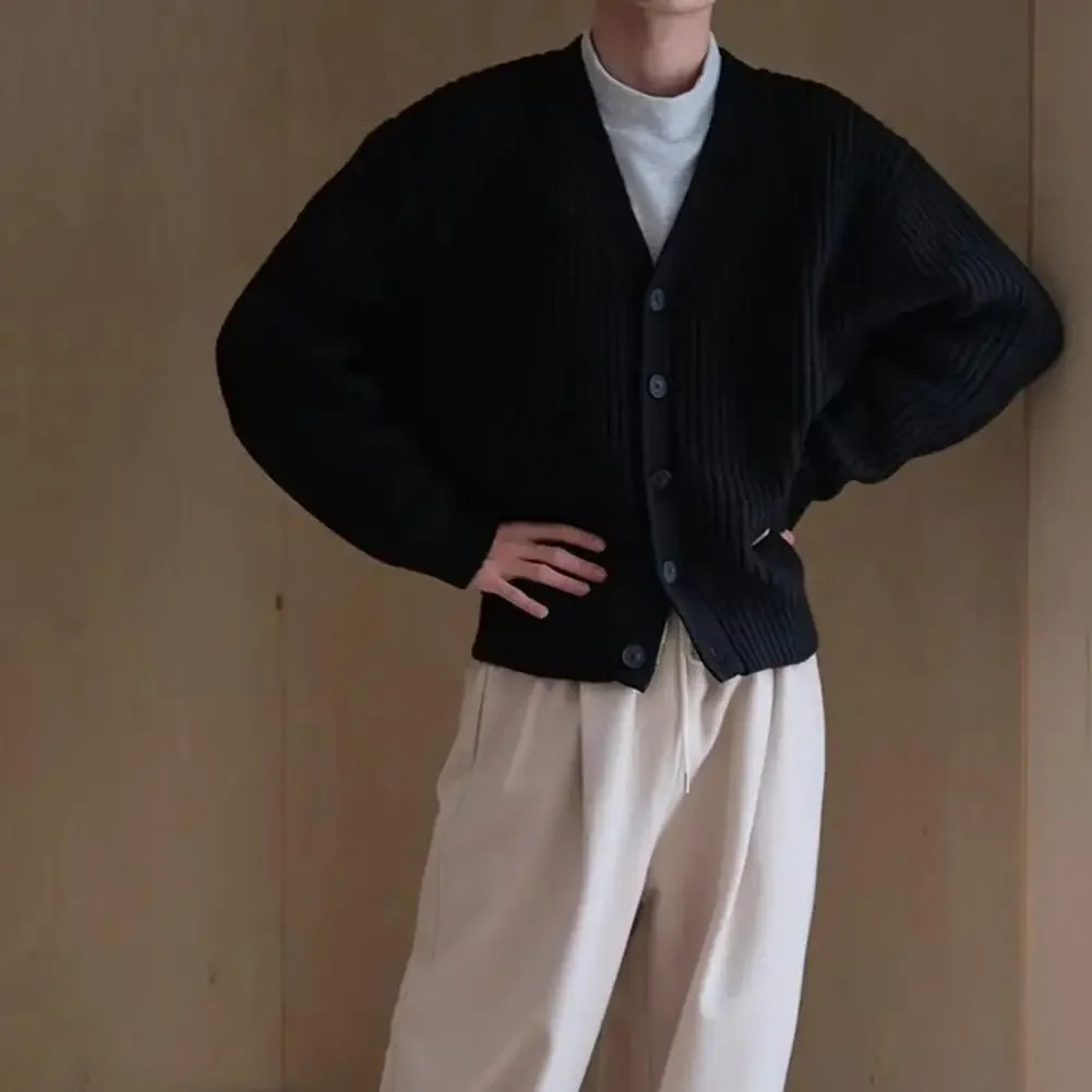 Winter Fall Men Cardigan Sweater Thick Singlebreasted V Neck Buttons Knitted Coat Solid Color Elastic Casual 241209
