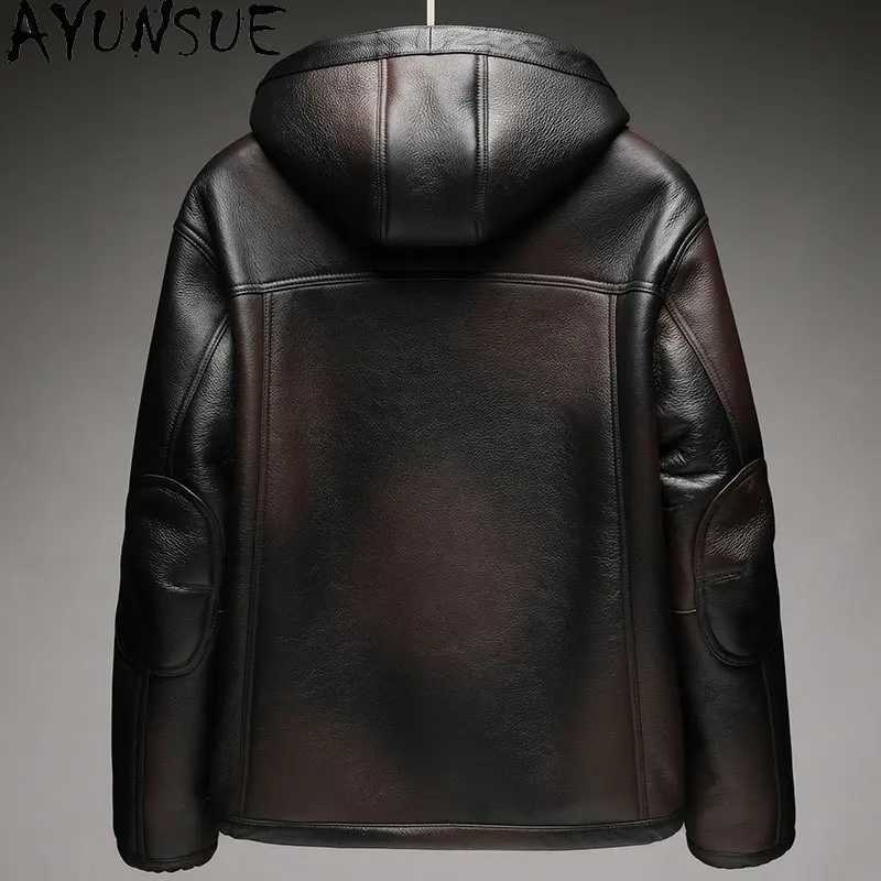 AYUNSUE mens fur coat luxury leather jacket mens winter clothing casual warm natural sheepskin coat hooded W241213