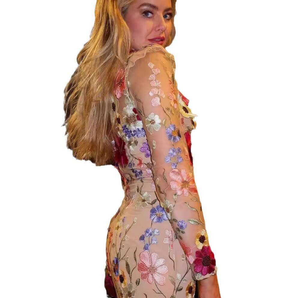 European American Spring And Summer Round Neck Colorful Three-Dimensional Wer Embroidery Mesh Slim Fit Hip Hing Fish Tail Dress Long Skirt