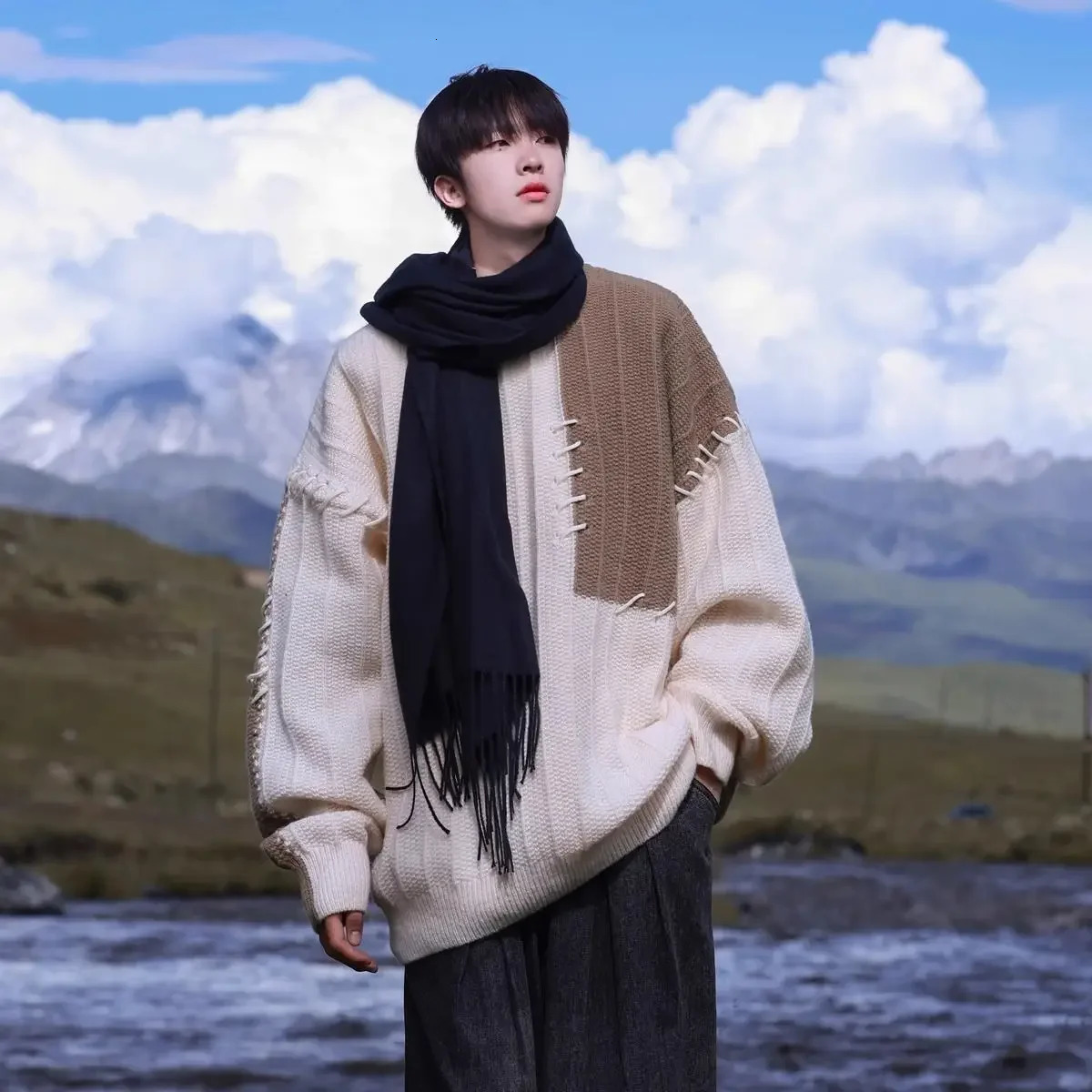 Pullovers Male Contrasting Colors Round Collar Oversize Mens Knit Sweater Crewneck Thick Knitwear Splicing Streetwear Harajuku 241213