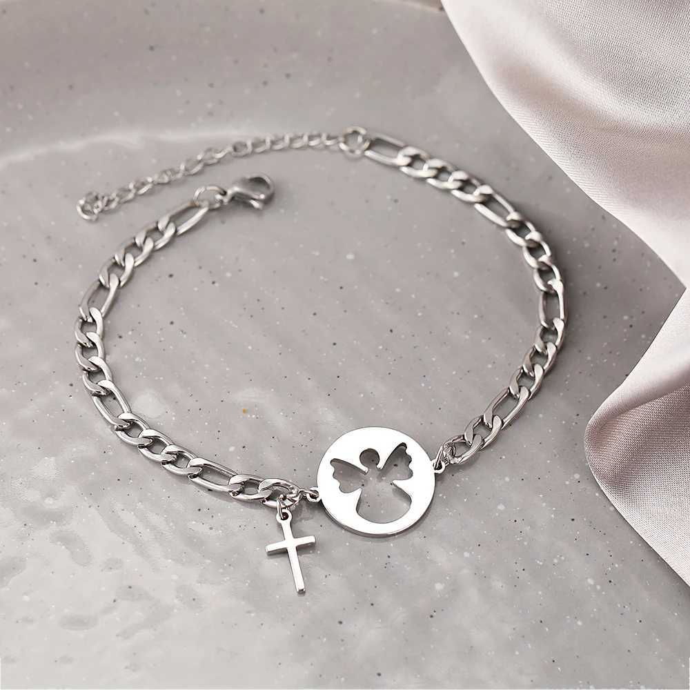 Stainl Steel Bracelets Cartoon Angel Cross Cool Girls Gothic Pendants Figaro Chains Unique Charms Bracelet For Women JewelryXJ241214