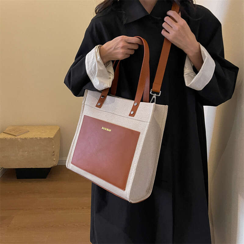 Large Capacity Women's Winter New Fashion Canvas Contrasting Crossbody Bag, Commuting Casual Tote Bag