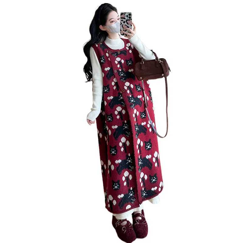 Pregnant Woman Autumn Winter Sleeveless Knitted Dress Fashion Printed Materni Sundress Button Fly Long Loose Cardigans SweaterXJ241213