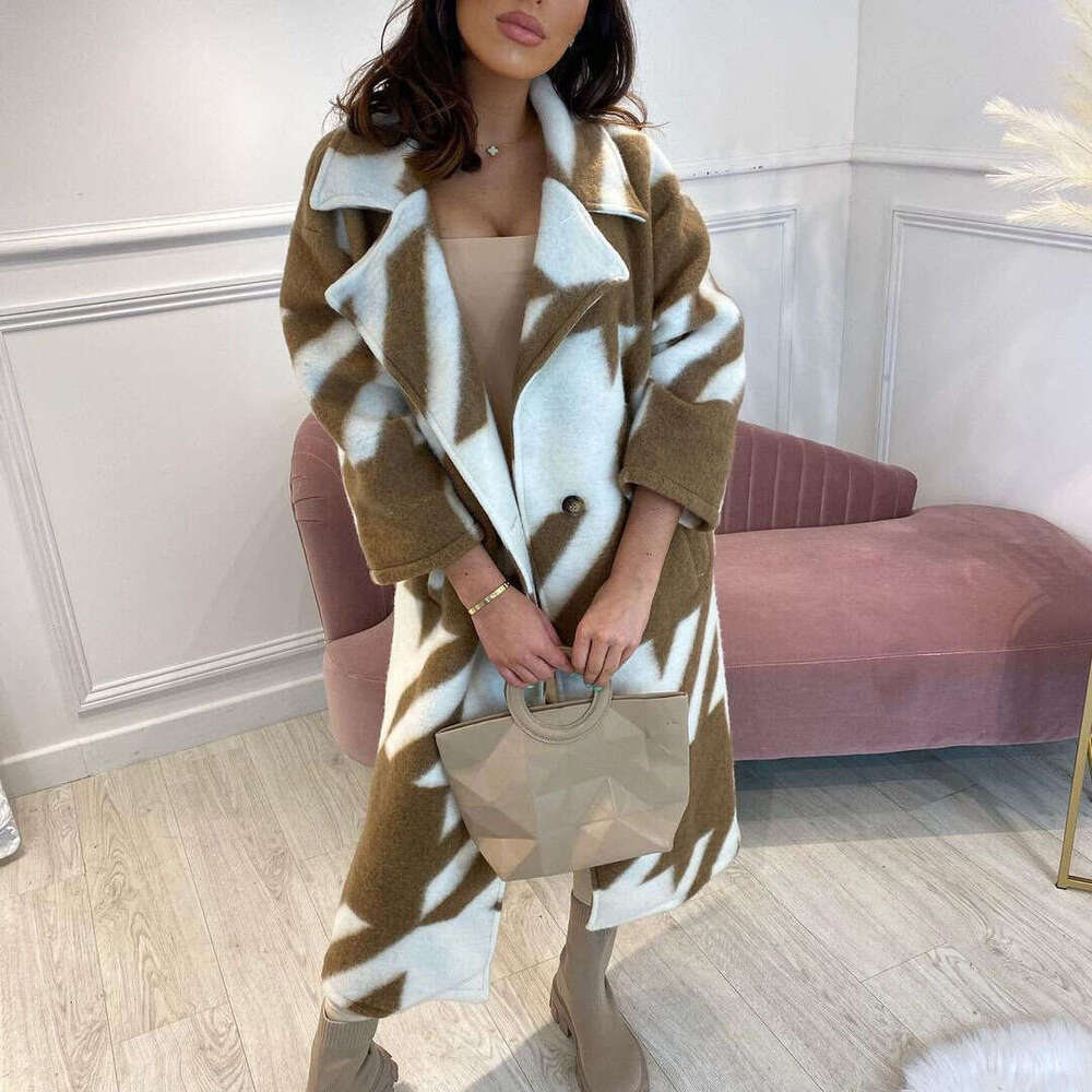 New European And American Autumn Cross Border Women's Clothing Multiple Color Blocked Fashion Long Sleeved Collar Printed Woolen Coat