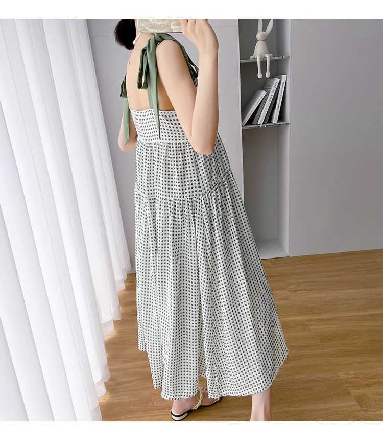 Summer Pregnant Women Dress High Waist Fashion Printed Strap Lacing Pregnancy Sleeveless Dress Materni Polka Dot Chiffon DressXJ241213