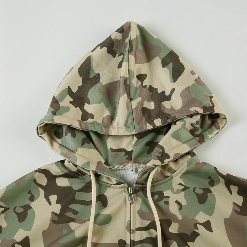 Camouflage print loose casual 2-piece set womens track and field uniform full set zipper hooded sports shirt top wide leg pants set 241214