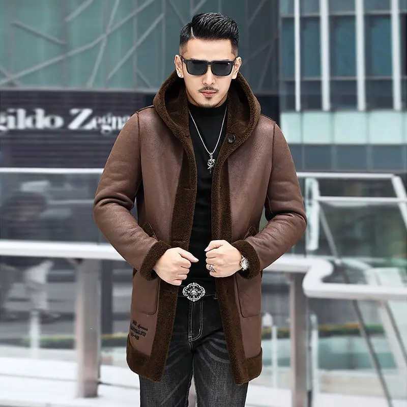 2024 new mens winter double-sided jacket mens real wool leather jacket mens thick sheep wool coat medium long jacket Z74 W241213