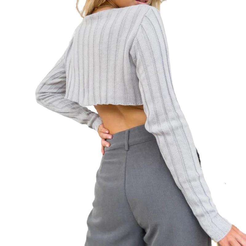 European American autumn and winter women's clothing solid color pit stripe long sleeved short style exposed navel knitted sweater top for women