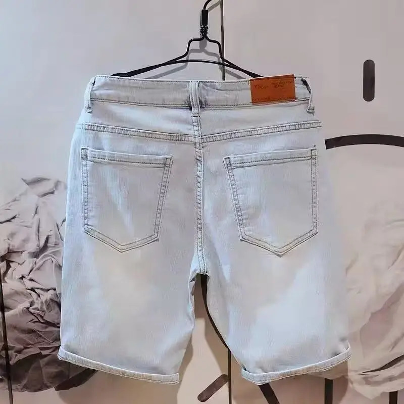 clothing washed solid blue mens loose denim shorts elastic knee length boyfriend Korean fashionable casual jeans 241211