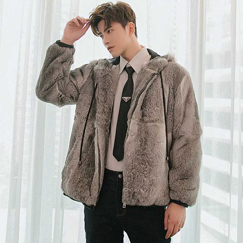 2022 Winter Mens Fur Coat Genuine Rabbit Fur Full Leather Coat with Fashion Hat Genuine Rabbit Fur Leather Jacket W241213