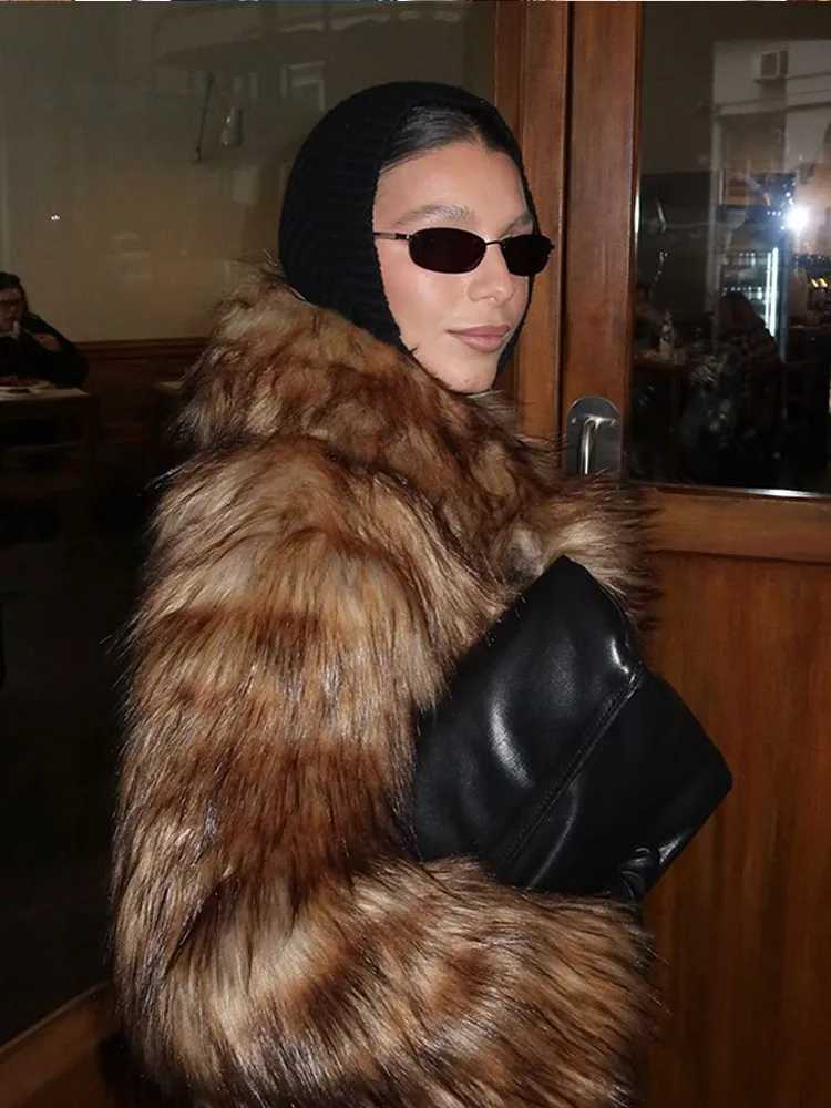 Retro Long Faux Fur Fashion Collar Thick Warm Fluffy Jacket Winter Womens T-shirt Coat X241214