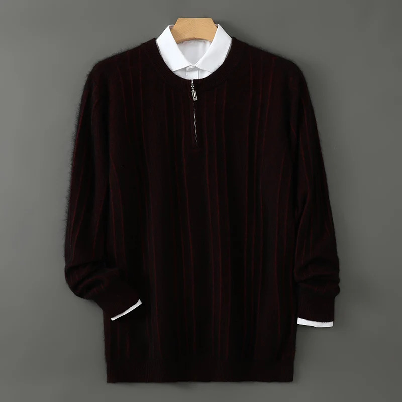 Pure mink cashmere sweater mens knitted pullover long sleeve Autumnwinter coat half zip wide striped crew neck top 241209