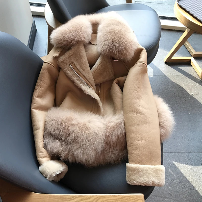 Maylofuer genuine leather sheepskin jacket womens real and natural fox fur coat ultra-thin full leather coat winter 241210