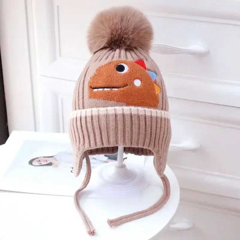 Winter Childrens Thick Knitted Hat Boys and Girls Cotton Hot Hat Dinosaur Children Ear Protection Bean Hat W241213