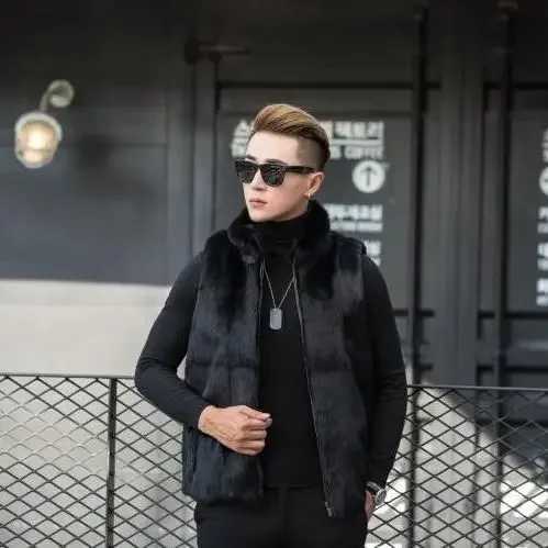 Mens 2024 Autumn Winter New Genuine Rabbit Fur Vest Mens Solid Color Warm Waistcoat Mens Real Fur Stand Collar Vest Jackets V02 W241213