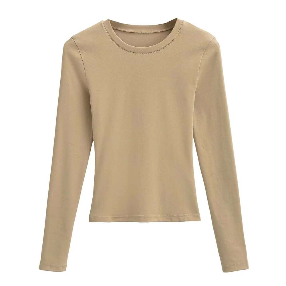 European American Kardashian's round neck elastic slim fit long sleeved T-shirt for women in autumn and winter, basic tight fitting base shirt, 2