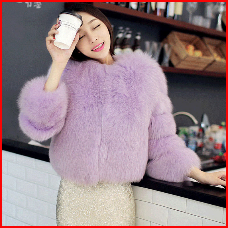 Imitation fox fur coat womens plus size long plush thick long sleeved top purple round neck short womens clothing 241015
