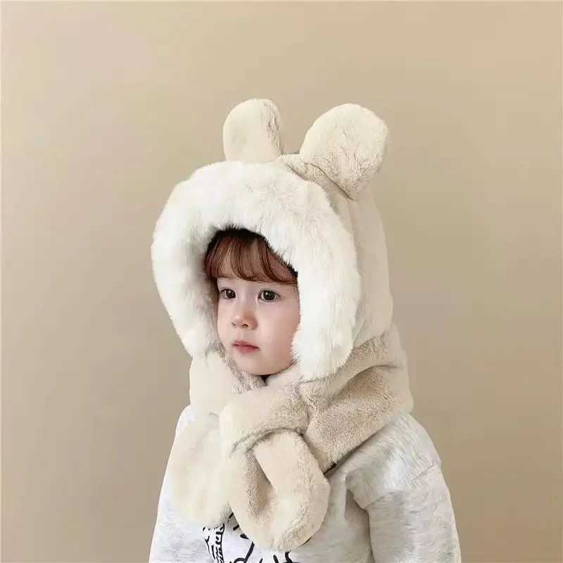 Winter Warm Single piece Childrens Plush Cute Bear Ears Baby Hoodie Girl Ear Protection Hat Windproof Beanies W241213