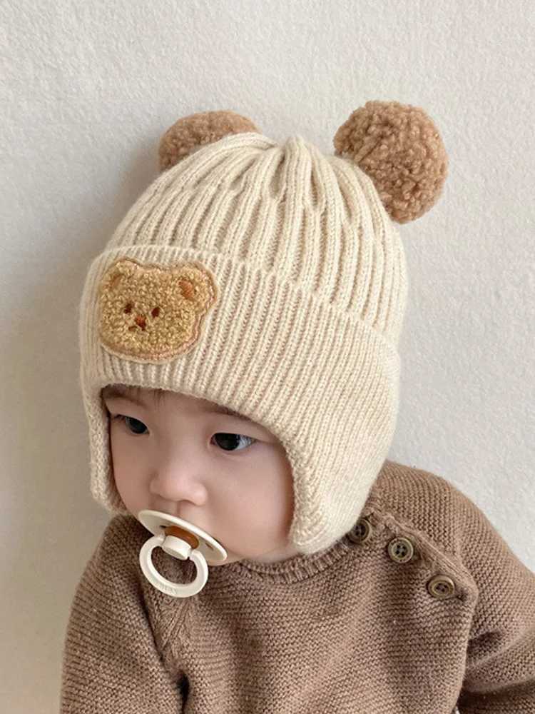 Bear winter baby hat cotton lined knitted childrens hat with ear cups baby hat W241213